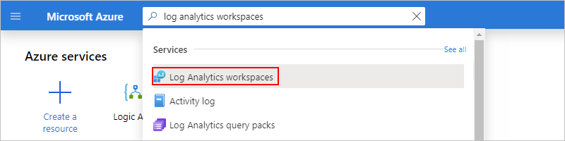 Skärmbild som visar sökrutan Azure Portal med Log Analytics-arbetsytor markerade.