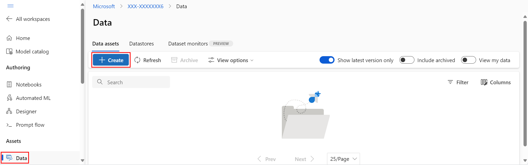 Skärmbild som visar Skapa på fliken Datatillgångar.