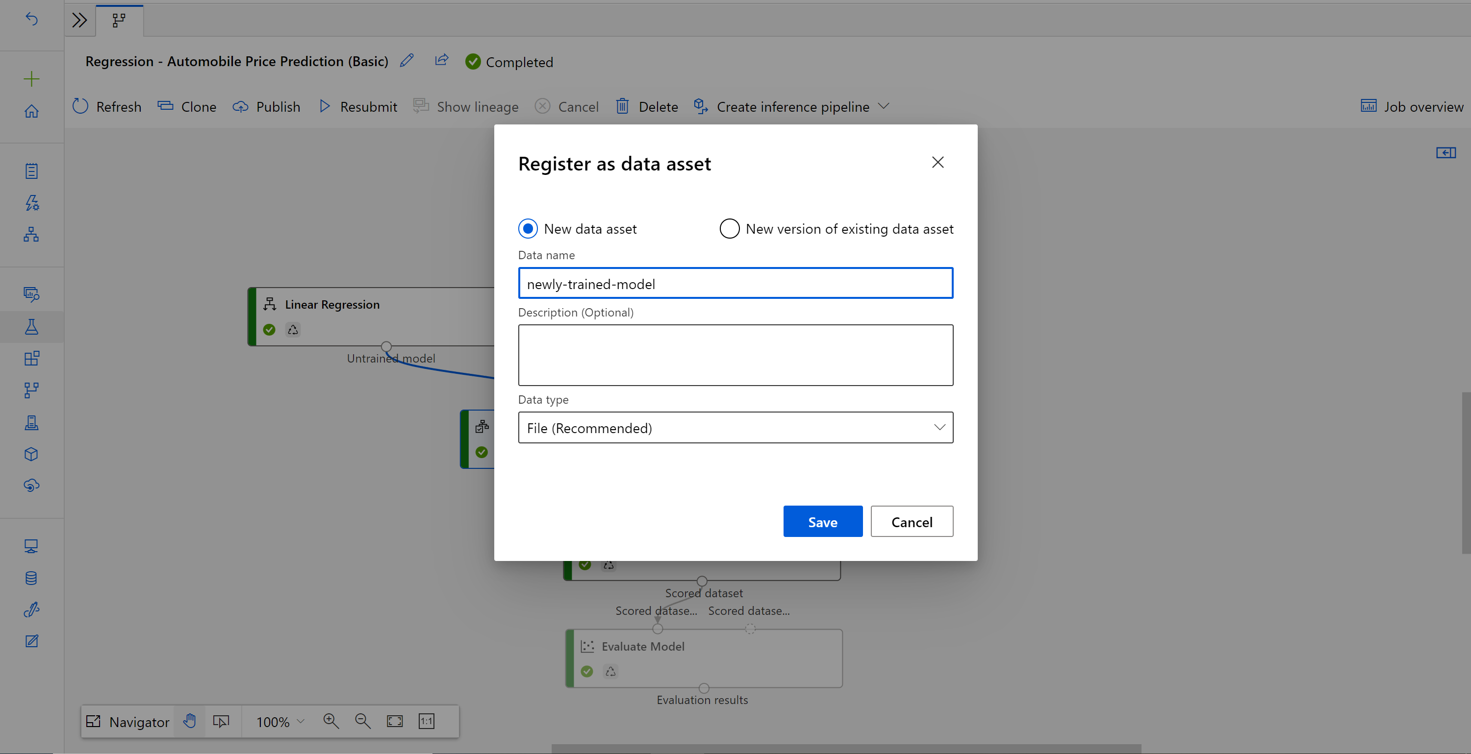 Skärmbild av registrera dig som en datatillgång med ny datatillgång vald.