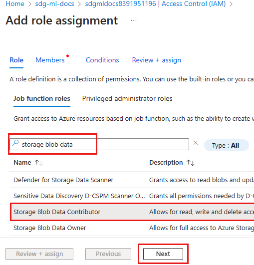 Skärmbild som visar rollen Storage Blob Data-deltagare.