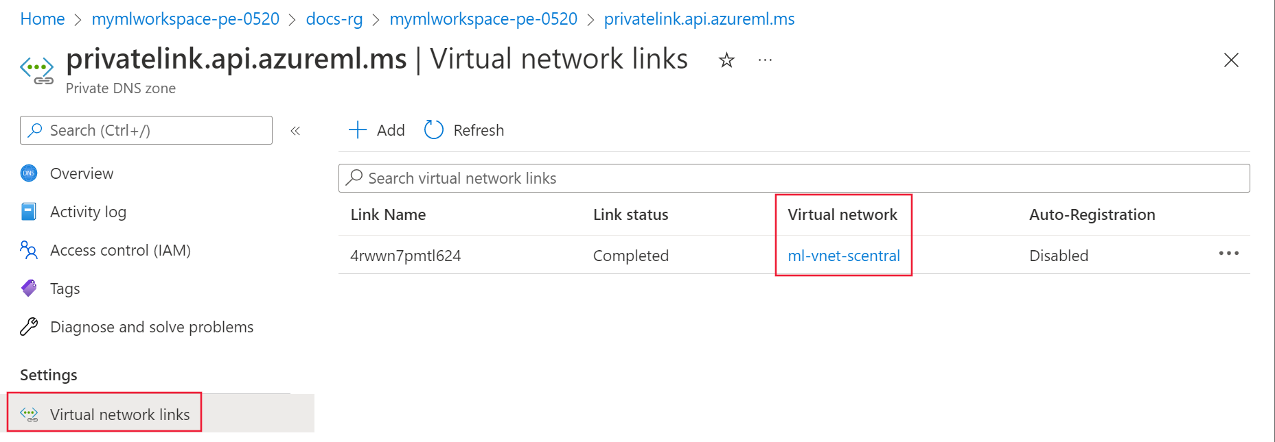 Skärmbild av länkarna till det virtuella nätverket för den privata DNS-zonen.