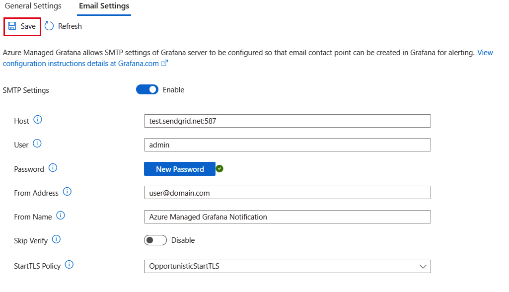 Skärmbild av Azure-plattformen. Fliken E-postinställningar med nya data.