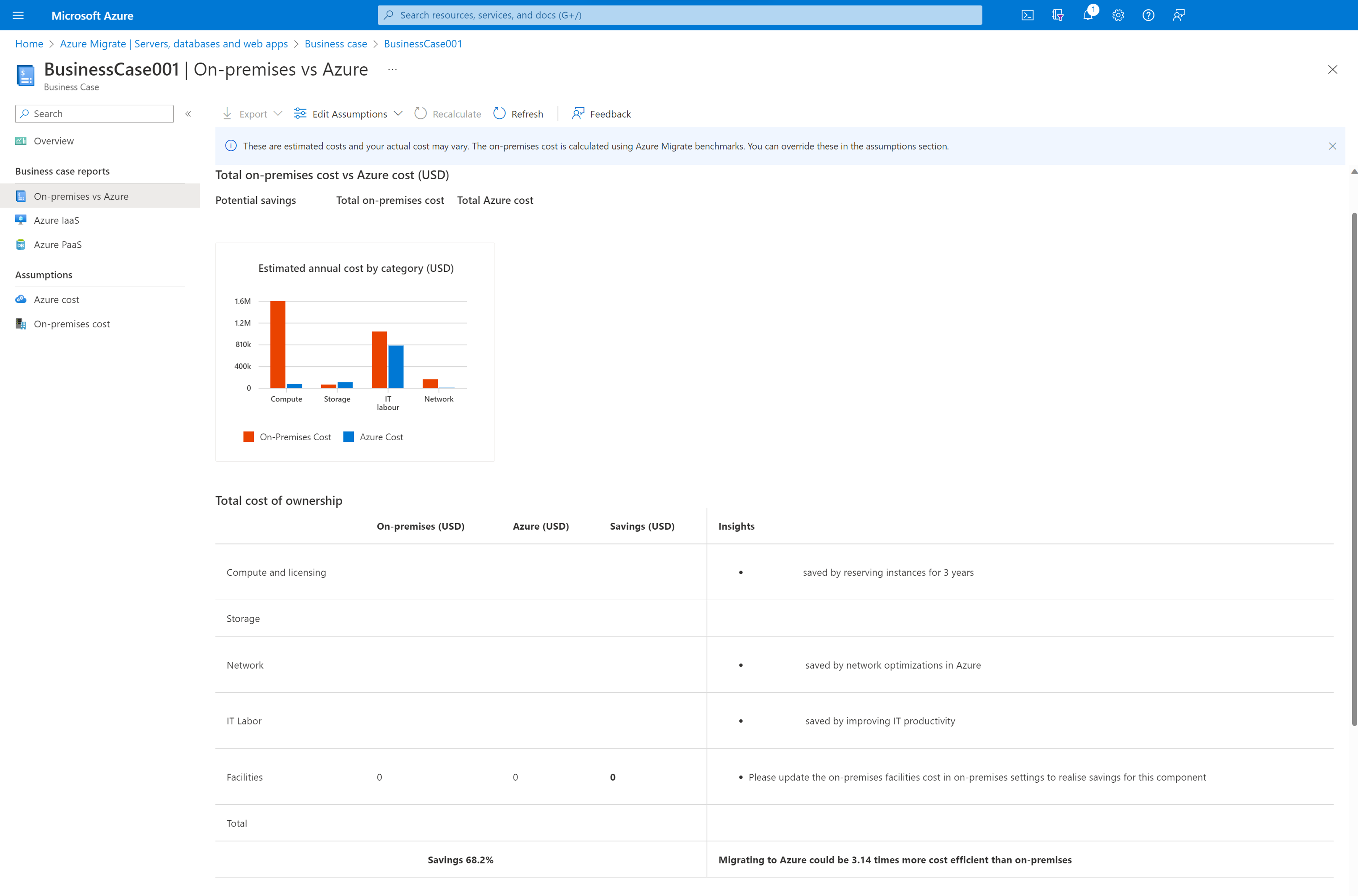 Skärmbild av jämförelsen lokalt och Azure.