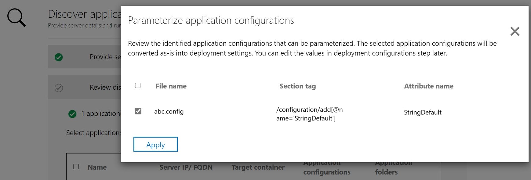 Skärmbild för parameterisering av appkonfiguration ASP.NET program.