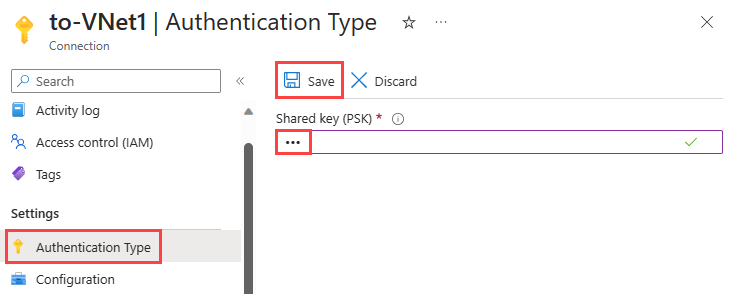 Skärmbild som visar hur du korrigerar och sparar den delade nyckeln för VPN-anslutning i Azure-portalen.