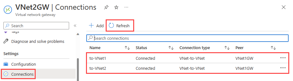 Skärmbild som visar gatewayanslutningarna i Azure-portalen och deras anslutna status.