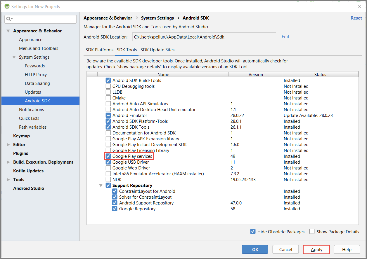 Android SDK Manager – Google Play Services valt