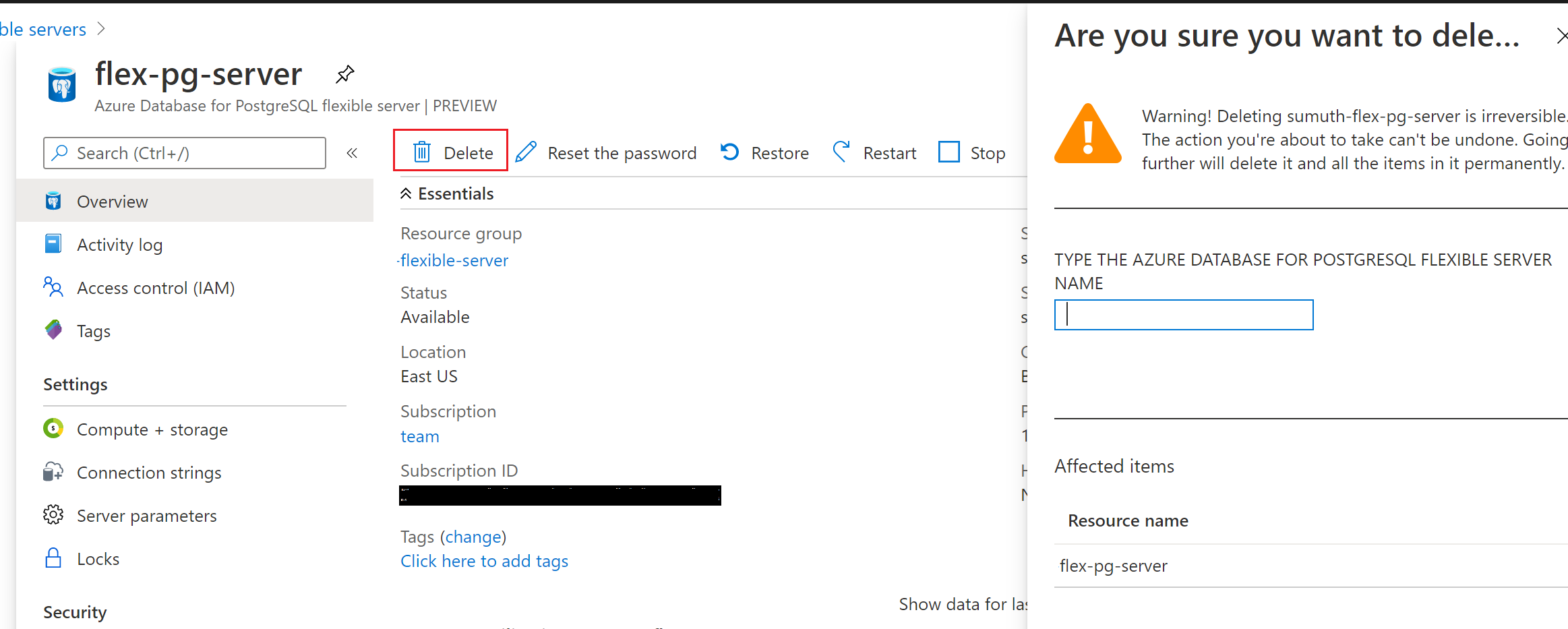 Ta bort azure database for PostgreSQL-instansen för flexibel server.