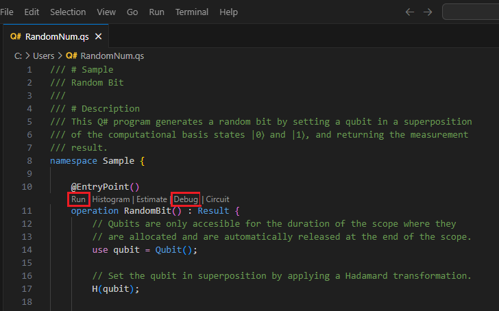 Skärmbild av Q#-filen i Visual Studio Code som visar var du hittar kodlinsen med körnings- och felsökningskommandon.