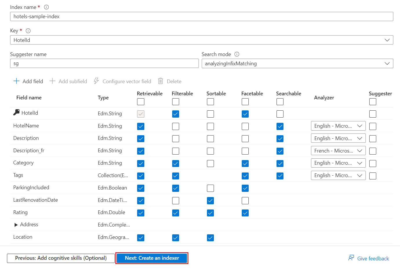 Skärmbild som visar den genererade indexdefinitionen för datakällan hotels-sample i guiden Importera data.