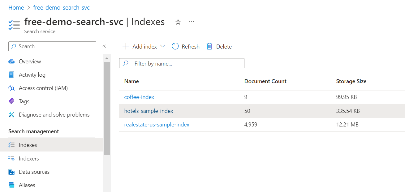 Skärmbild av indexlistan på Instrumentpanelen för Azure AI usluga pretrage i Azure-portalen.