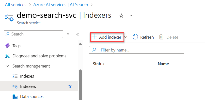 Skärmbild som visar knappen Lägg till indexerare.