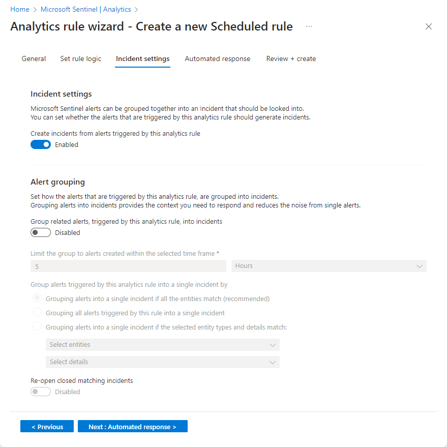 Skärmbild av skärmen incidentinställningar i guiden analysregel i Azure-portalen.