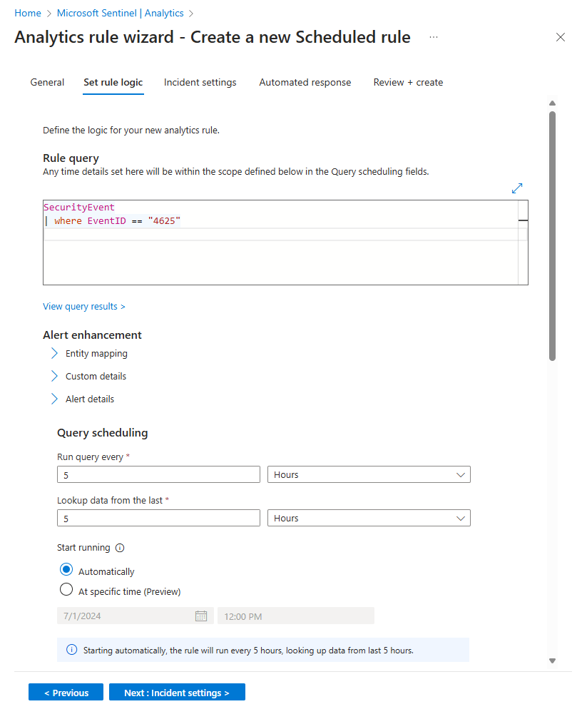 Skärmbild av den första halvan av fliken ange regellogik i guiden för analysregler i Azure-portalen.