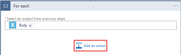 Skärmbild som visar valet av knappen Lägg till en åtgärd i for-each-loopen.