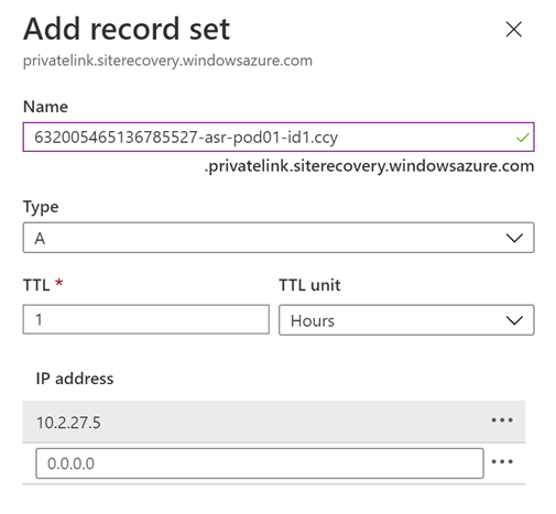 Visar sidan för att lägga till en DNS A-typpost för det fullständigt kvalificerade domännamnet till den privata slutpunkten i Azure Portal.