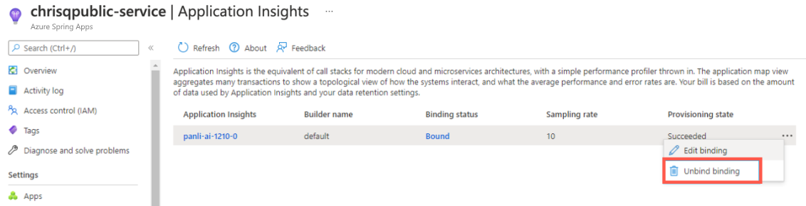 Skärmbild av Azure Portal som visar Azure Spring Apps-instansen med sidan Application Insights och alternativet Bindning utan bindning.