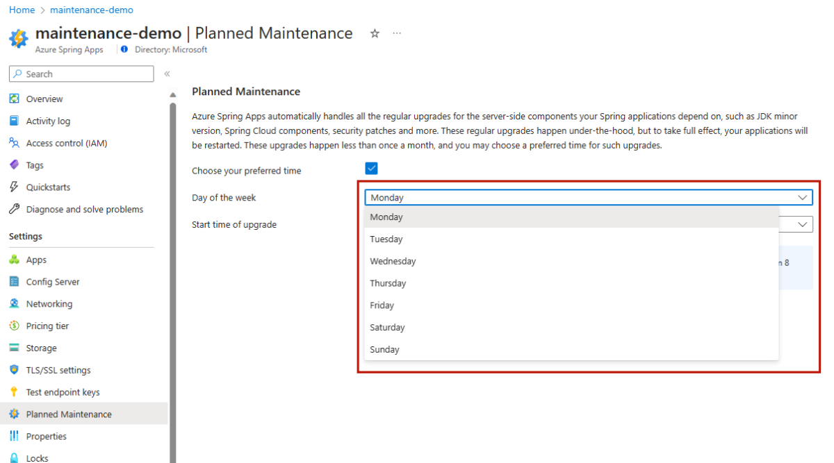 Skärmbild av Azure Portal som visar sidan Planerat underhåll med alternativet Dag i veckan markerat.