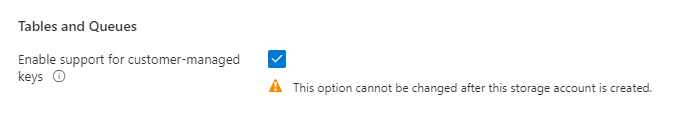 Skärmbild som visar hur du aktiverar kundhanterade nycklar för köer och tabeller när du skapar ett nytt konto
