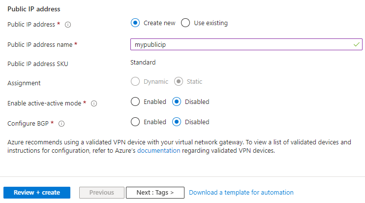 Skärmbild som visar hur du anger den offentliga IP-adressen för en virtuell nätverksgateway med hjälp av Azure Portal.