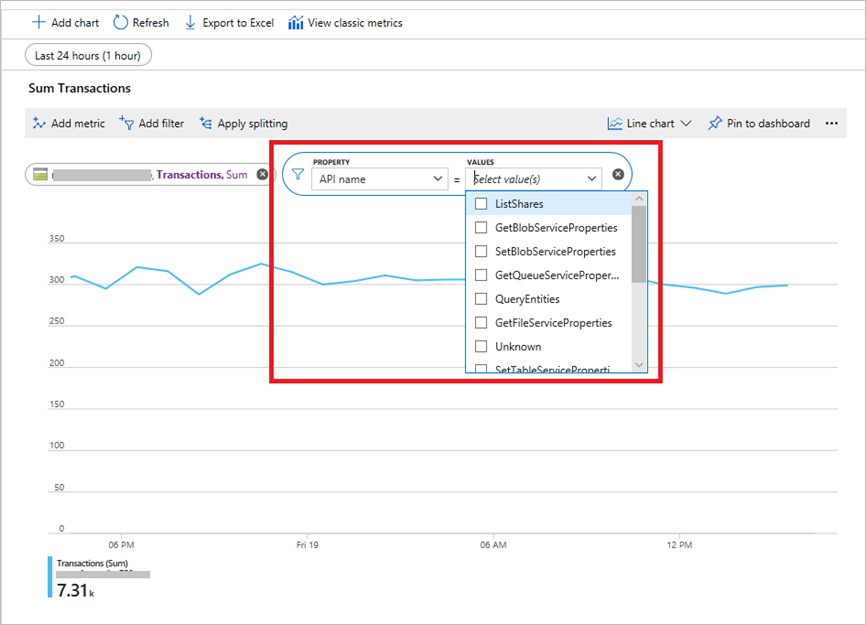 Skärmbild av åtkomst till mått med dimension i Azure Portal