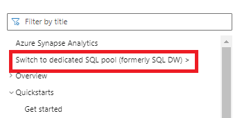 Skärmbild från Webbplatsen Microsoft Learn Docs som visar den äldre dedikerade SQL-poolen (tidigare SQL DW) innehållsförteckningen.