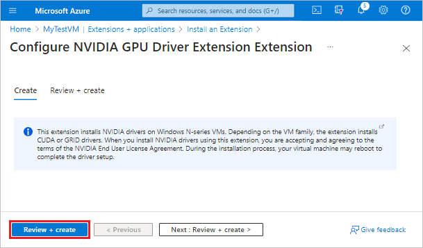 Skärmbild som visar hur du skapar NVIDIA GPU Driver Extension på den valda virtuella datorn i Azure-portalen.