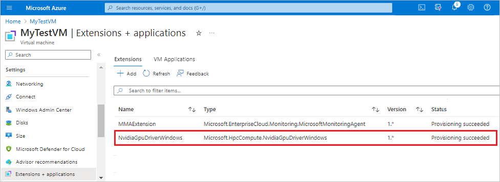 Skärmbild som visar NVIDIA GPU Driver Extension i listan över tillägg för den virtuella datorn i Azure-portalen.