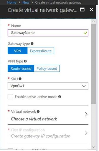 Avbildningen om inställningar för virtuell nätverksgateway