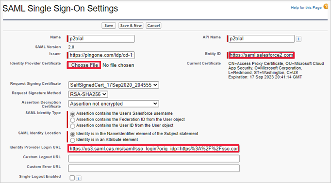 Uppdatera anpassad Salesforce-app med SAML-information för Defender for Cloud Apps.