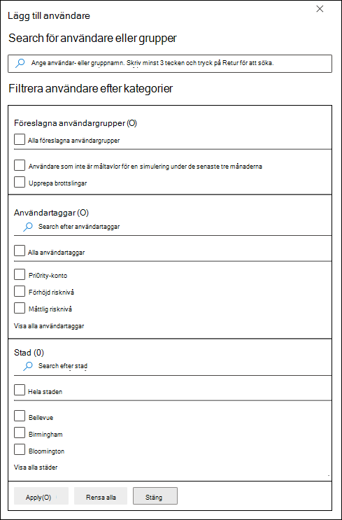 Användarfiltrering på sidan Målanvändare i Övning av attacksimulering i Microsoft Defender-portalen