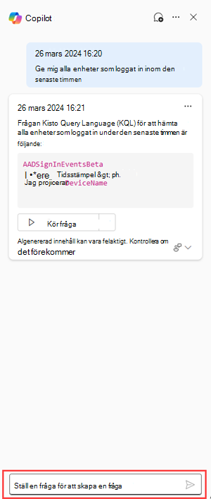 Skärmbild som visar frågefältet i Copilot for Security för avancerad jakt.
