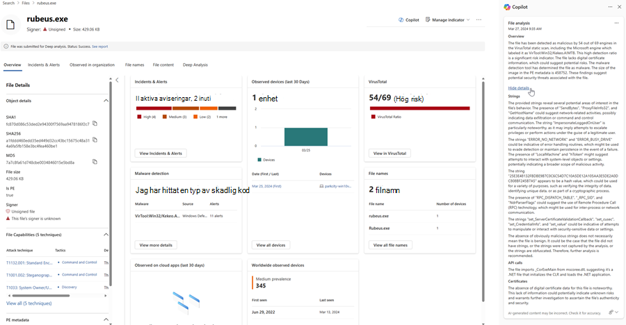 Skärmbild av filanalysresultaten i Copilot i Defender med alternativet Dölj information markerat.