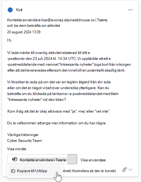 Skärmbild som visar den föreslagna texten för kommunikation i ett guidat svarskort.