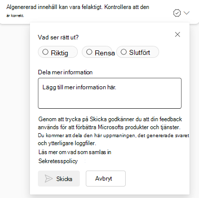 Skärmbild som visar textrutan Feedback där du kan dela din feedback.