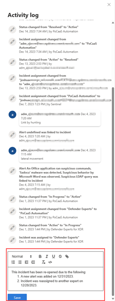 Skärmbild som markerar kommentarsrutan från incidentsidan i Microsoft Defender-portalen.