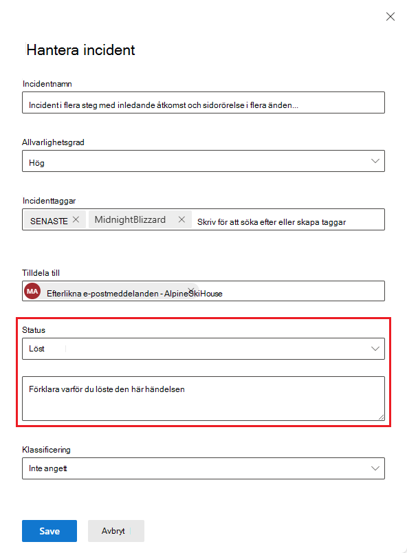 Skärmbild av incidenthanteringspanelen med incidentlösningsanteckning.