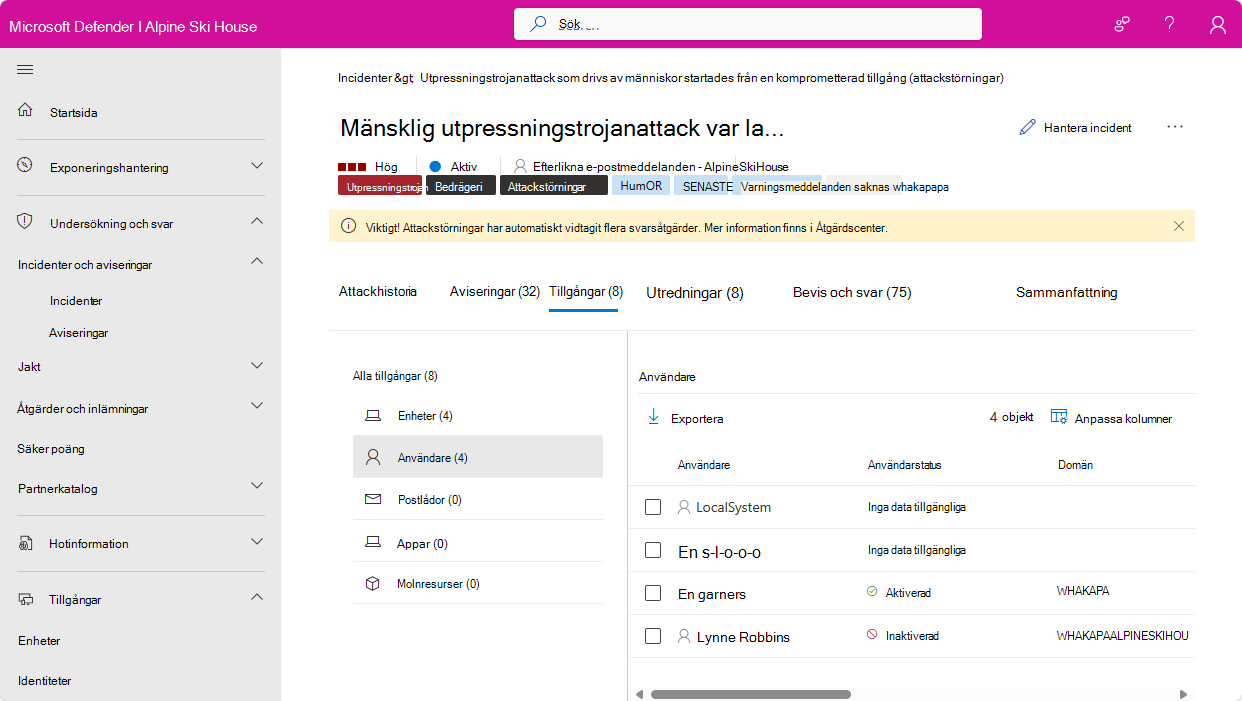 Skärmbild av sidan Användare för en incident i Microsoft Defender-portalen.