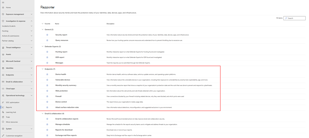 Skärmbild av sidan Rapporter som markerar slutpunktsrelaterade rapporter i Microsoft Defender-portalen.