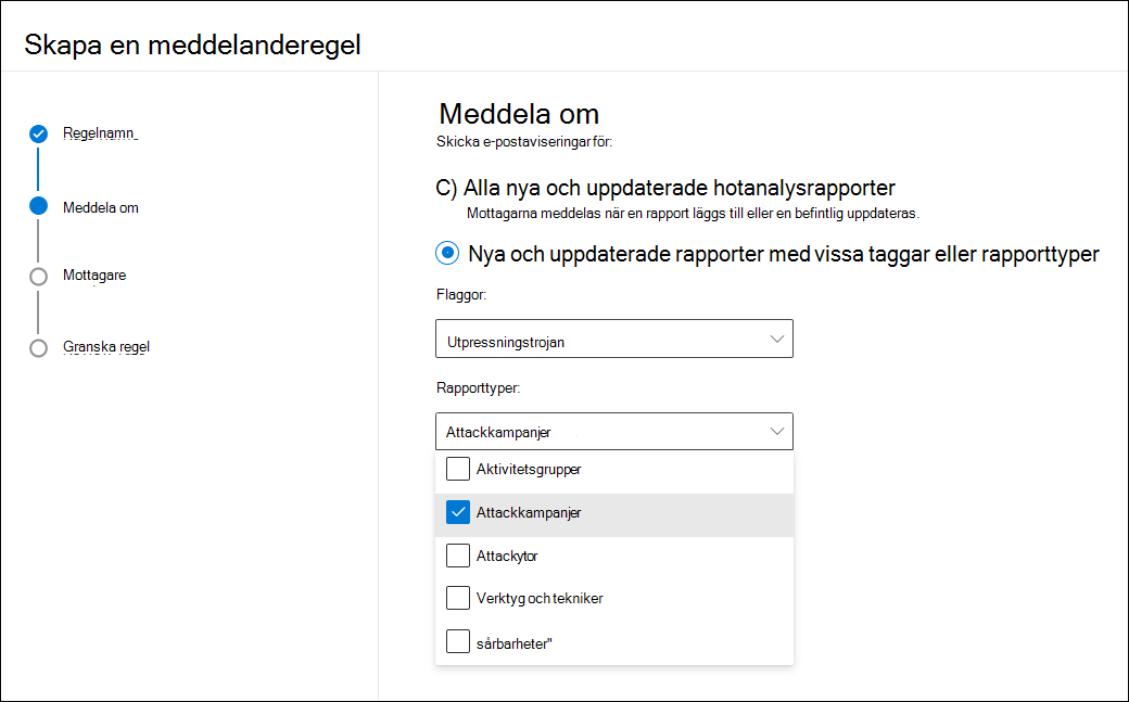 Skärmbild av meddelandeskärmen med taggar för utpressningstrojaner markerade och en nedrullningsbara meny för öppna typer