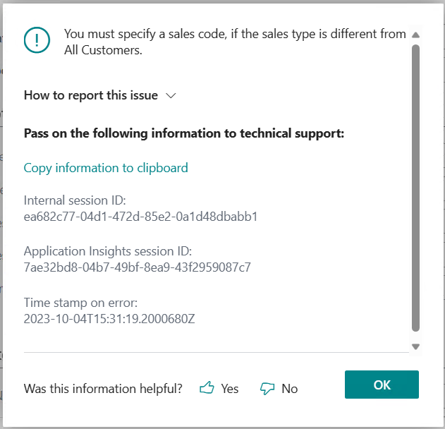 Show an example of an error dialog in Business Central version 21.