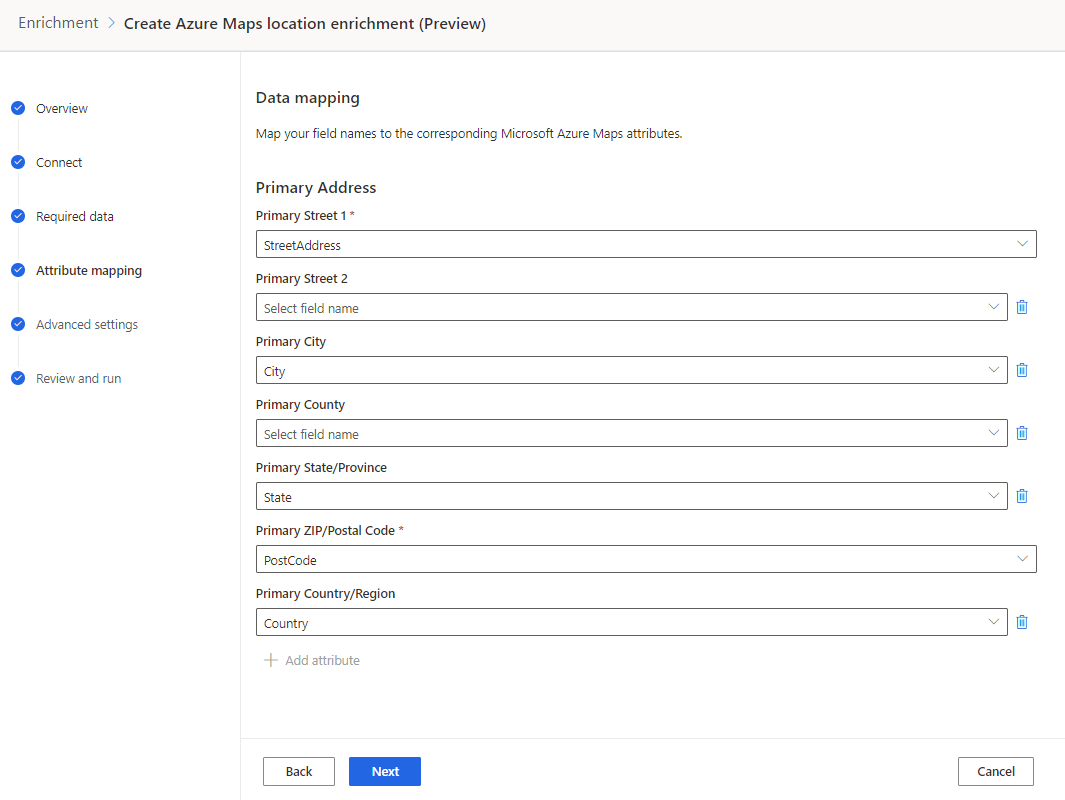 Azure Maps-attributmappning.