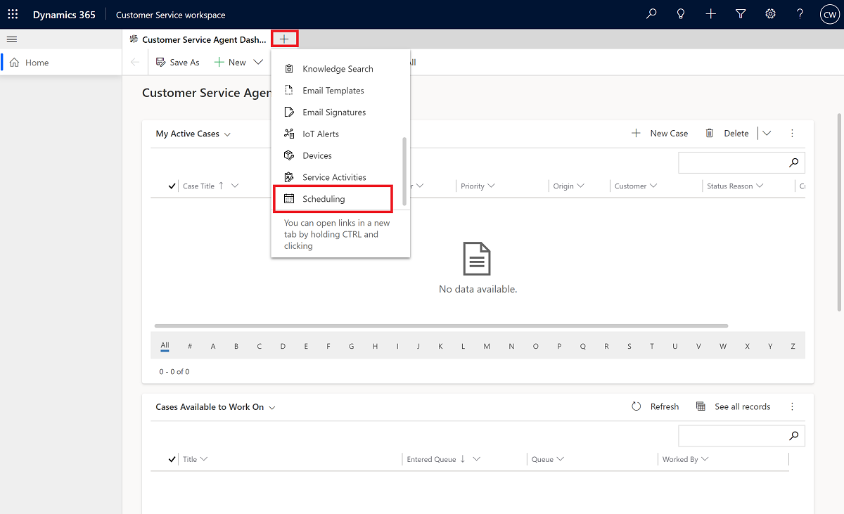 Åtkomst till schemaläggning i Customer Service workspace.