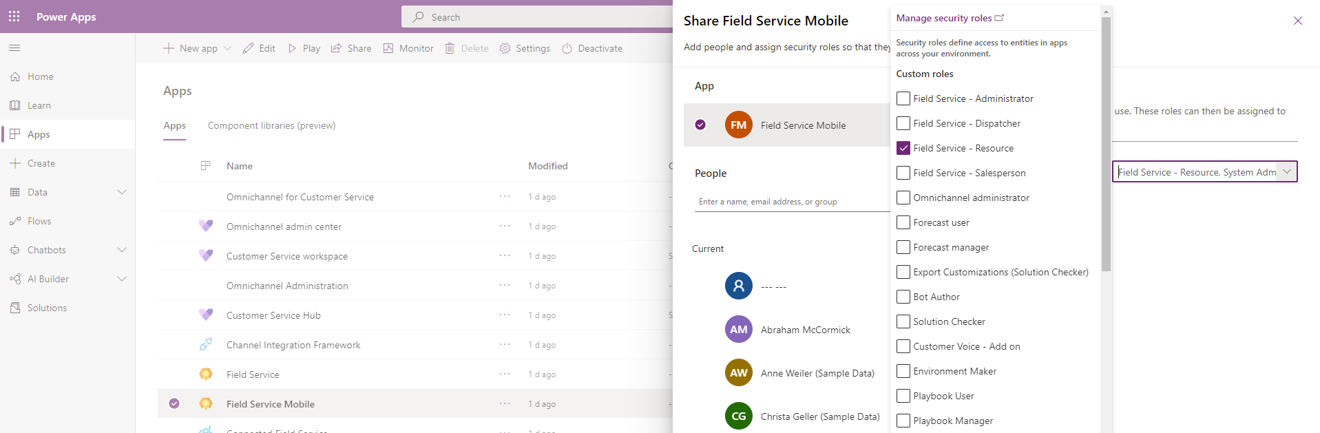 Screenshot of the Dynamics 365 list of apps, showing the Field Service mobile solution in the list.