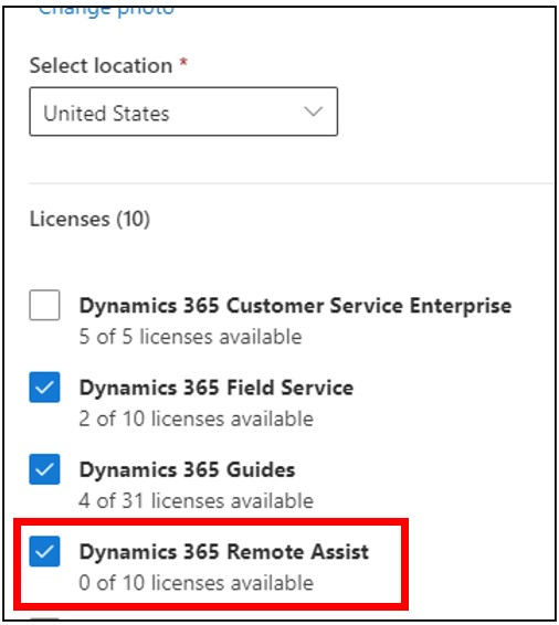 Skärmbild som visar Remote Assist-licensen.