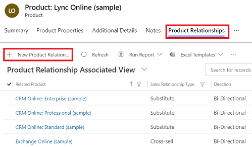 Knappen Lägg till ny produktrelation på fliken Relationer.