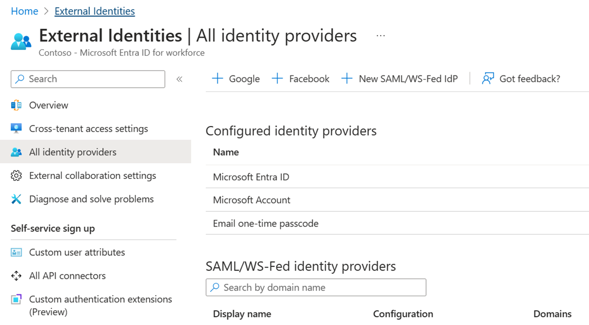 Skärmbild som visar sidan Identitetsprovidrar.