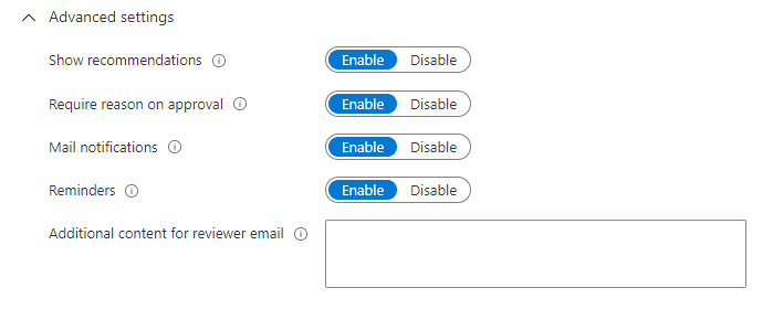 Avancerade inställningar för att visa rekommendationer, kräva orsak för godkännande, e-postmeddelanden och skärmbild av påminnelser.