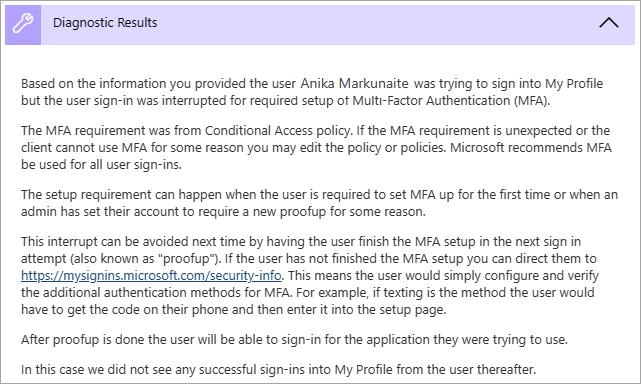 Skärmbild av diagnostikresultatet för MFA-proofup.