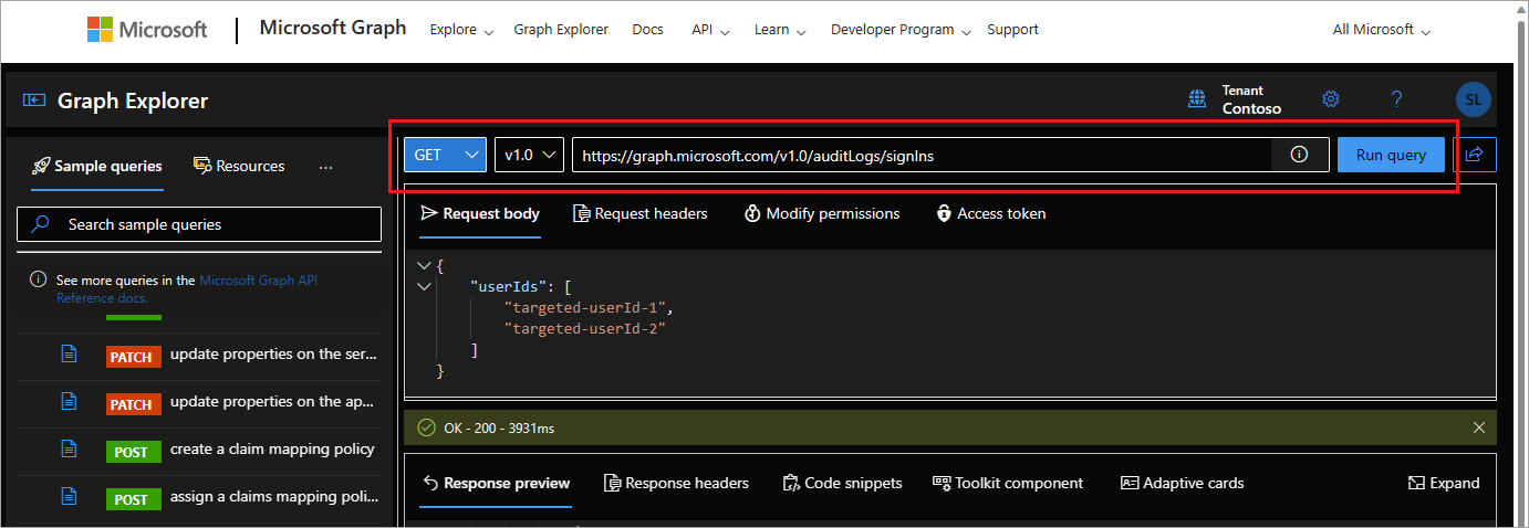 Skärmbild av en GET-fråga för aktivitetsloggen i Microsoft Graph.